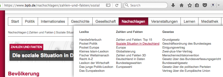 Screenshot of menu URL of Soziale Situation in
Deutschland